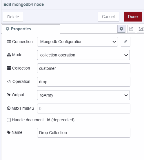 "Screenshot displaying configuration of MongoDB4 node for droping collection from database"